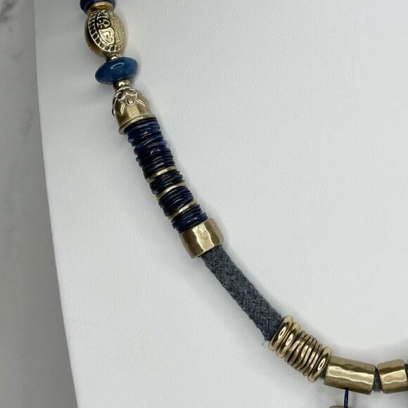 Chico's Chunky Blue Beaded Tassel Pendant Gold Tone Necklace ✨ - Picture 6 of 10